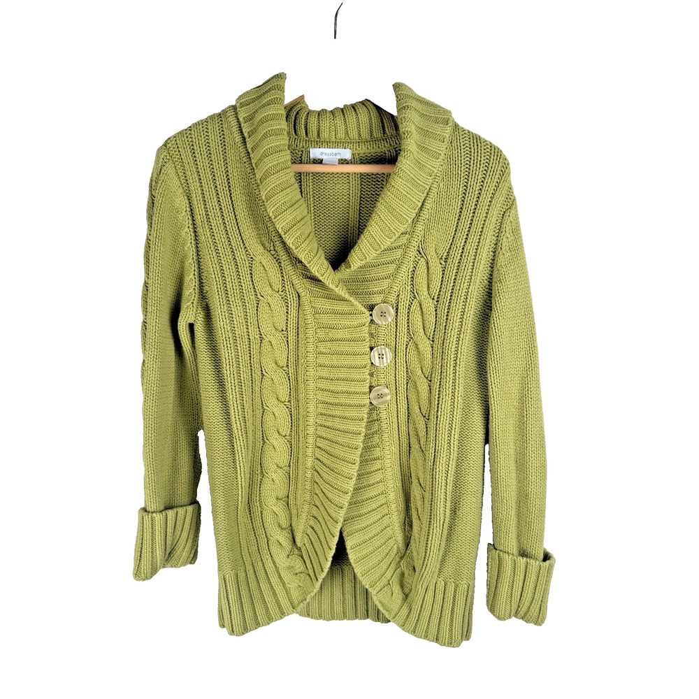 Women's Chartreus Green Cable Knit Fisherman Sweater Large Shawl Collar